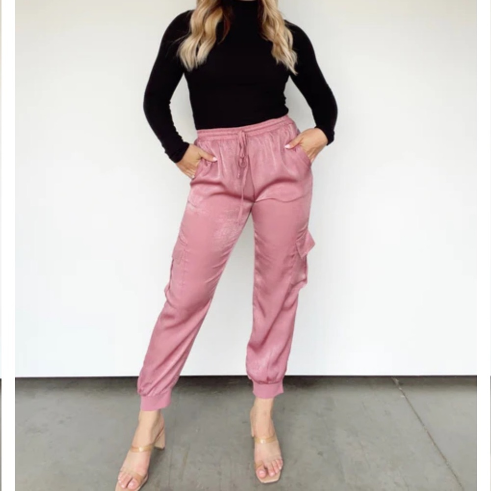 Baevely Mauve Pink Silky Satin Cargo Pocket Joggers Drawstring Ankle Pants